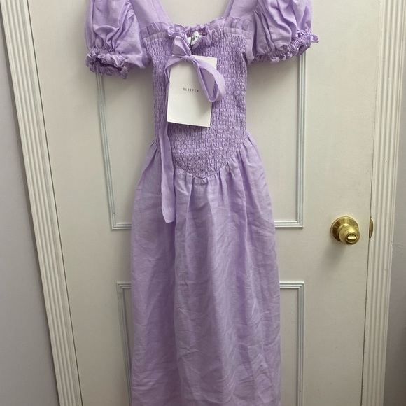 NWT Sleeper Belle Dress Linen Lavender Medium with matching hair tie/bow - Picture 3 of 4